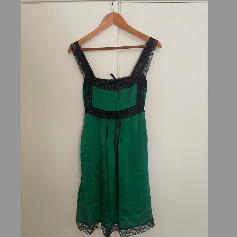 Betsy Johnson Green Silk and Black Lace Dress